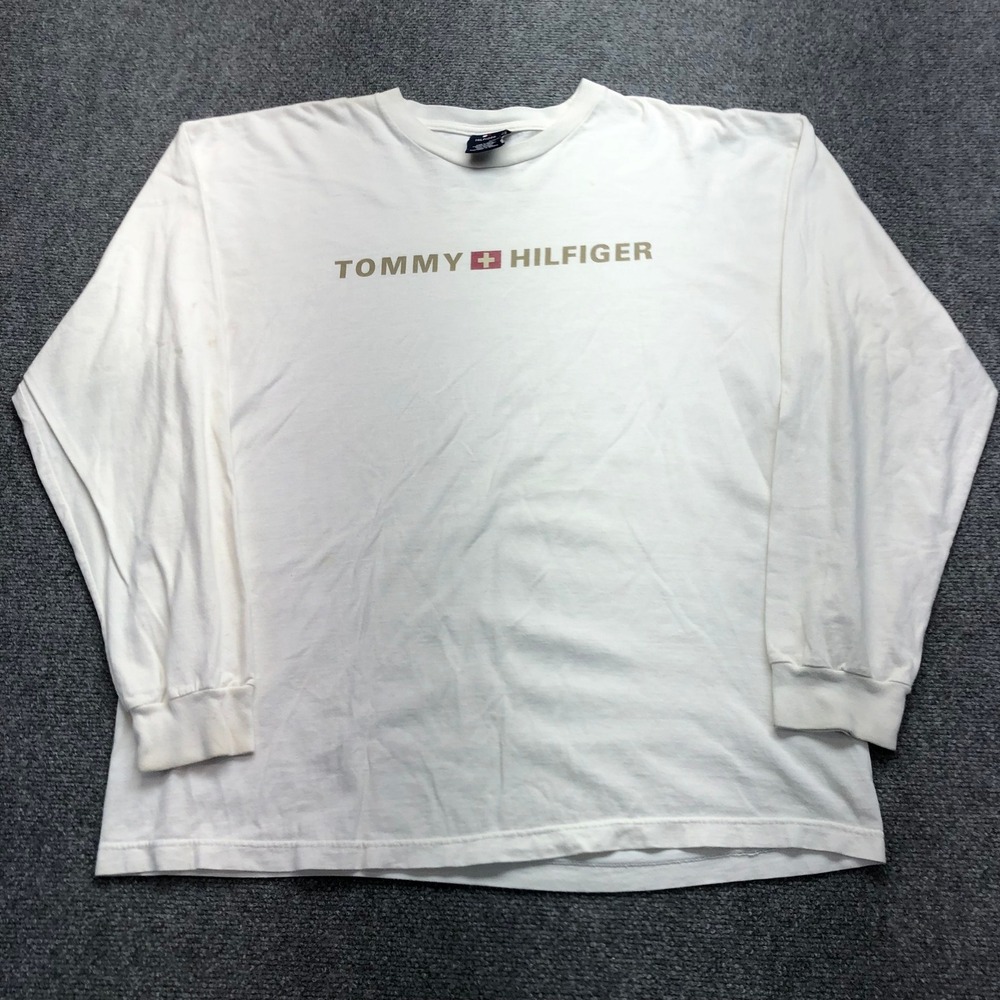 Tommy Hilfiger Mens XL White Long Sleeve Graphic Logo T-Shirt Cotton Vintage